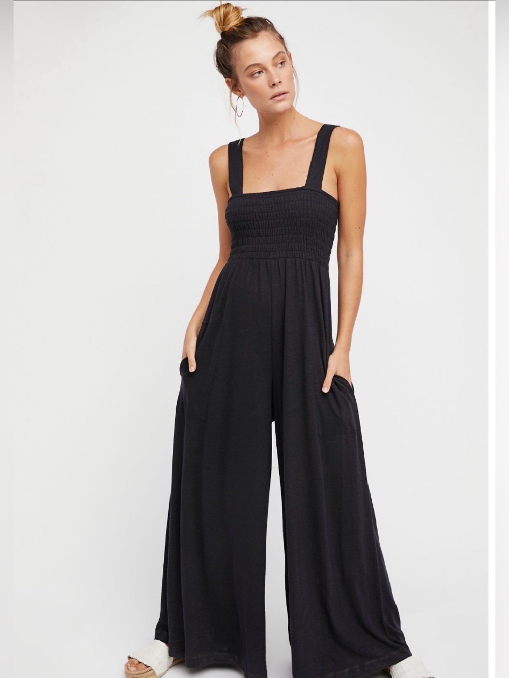 Free People FP Beach Homecoming Black Smocked Wide-Leg Jumpsuit GUC
